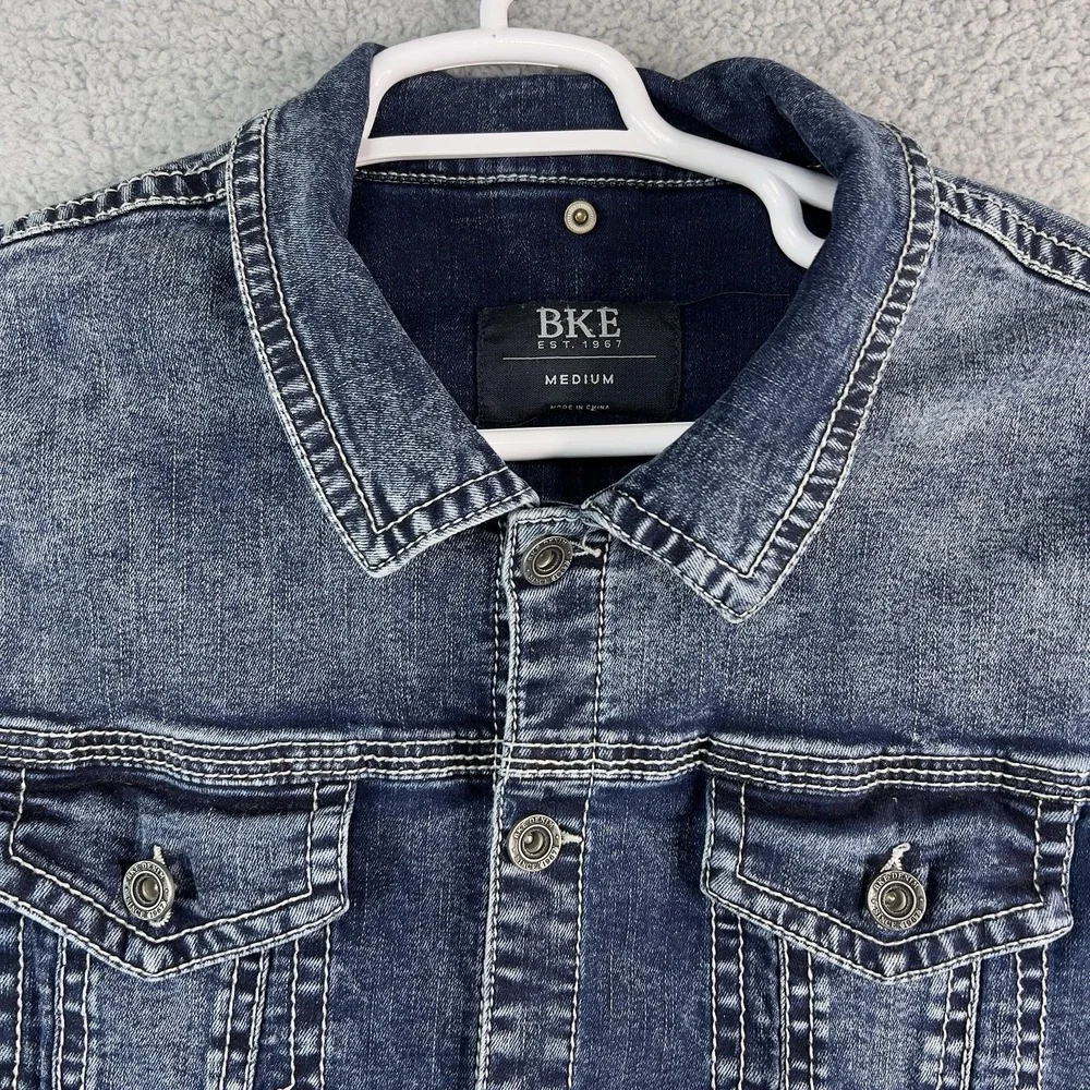 BKE‎ Men Jacket MEDIUM Blue Denim Jacket Western Button Trucker Stretch